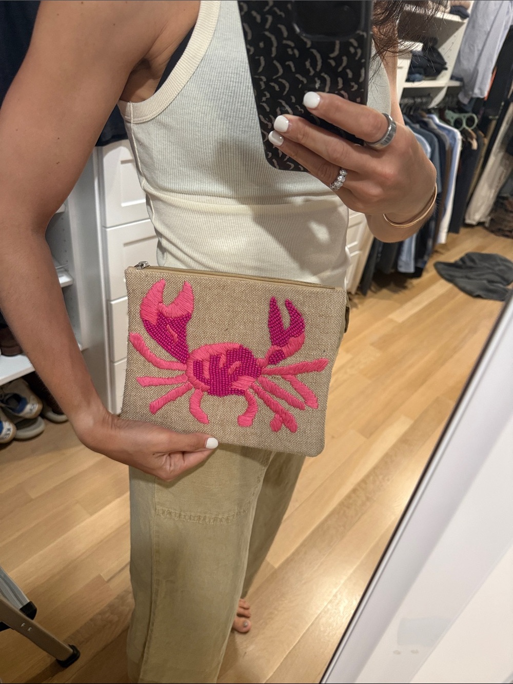 Pink Crab Embroidered Linen Zip Pouch